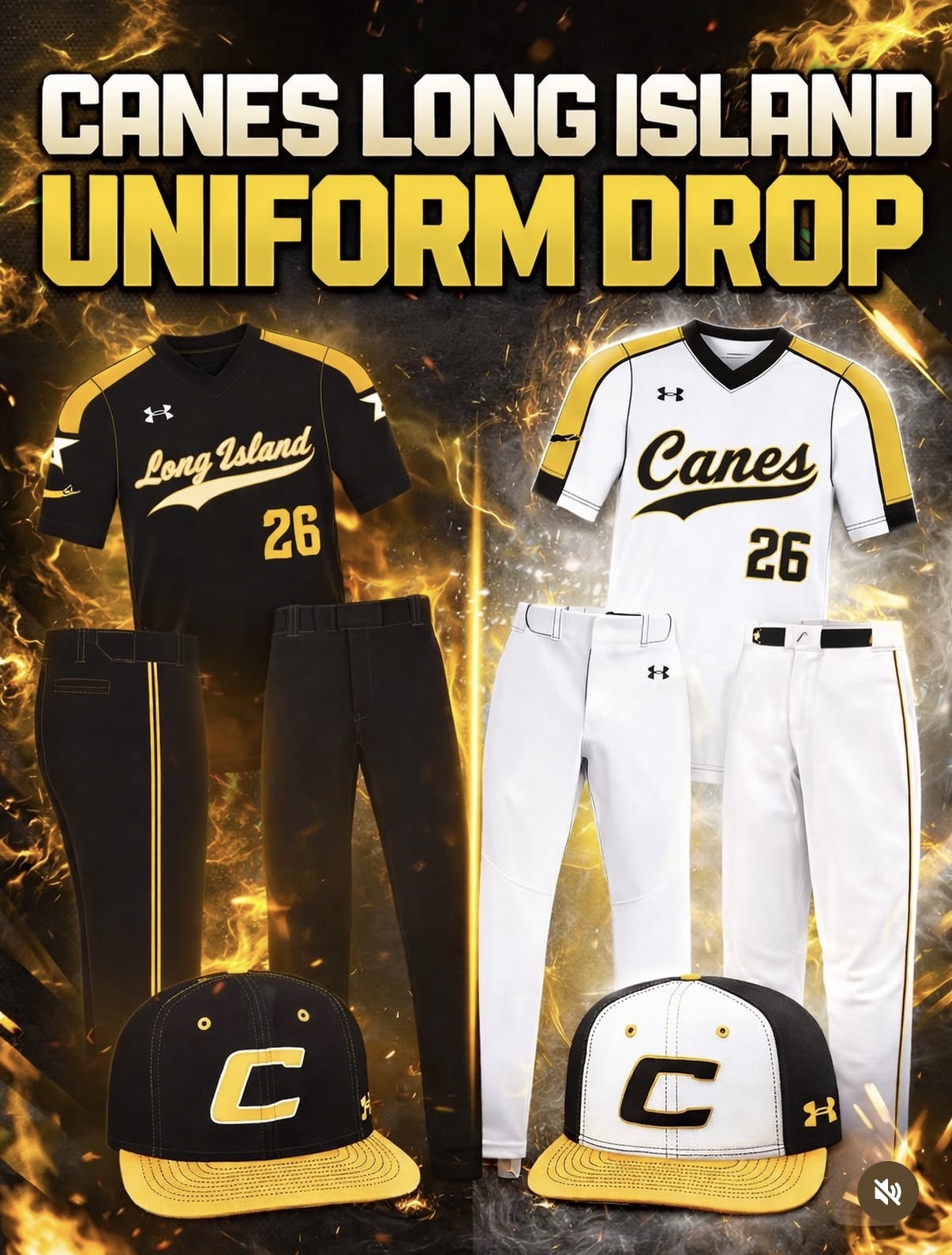 Canes Long Island uniform set: black and white jerseys, pants, and C-logo caps