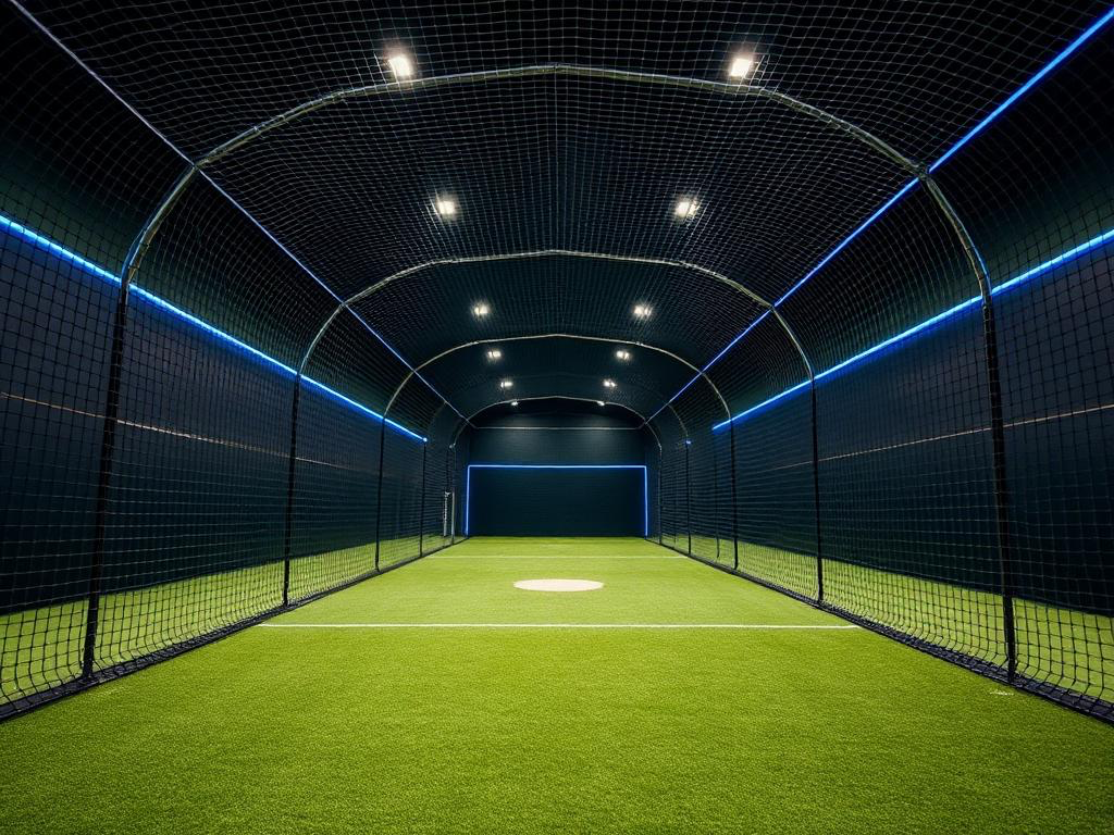 Elevate XIX indoor baseball training cage with green turf, black netting, and blue LED lighting in Amityville, NY