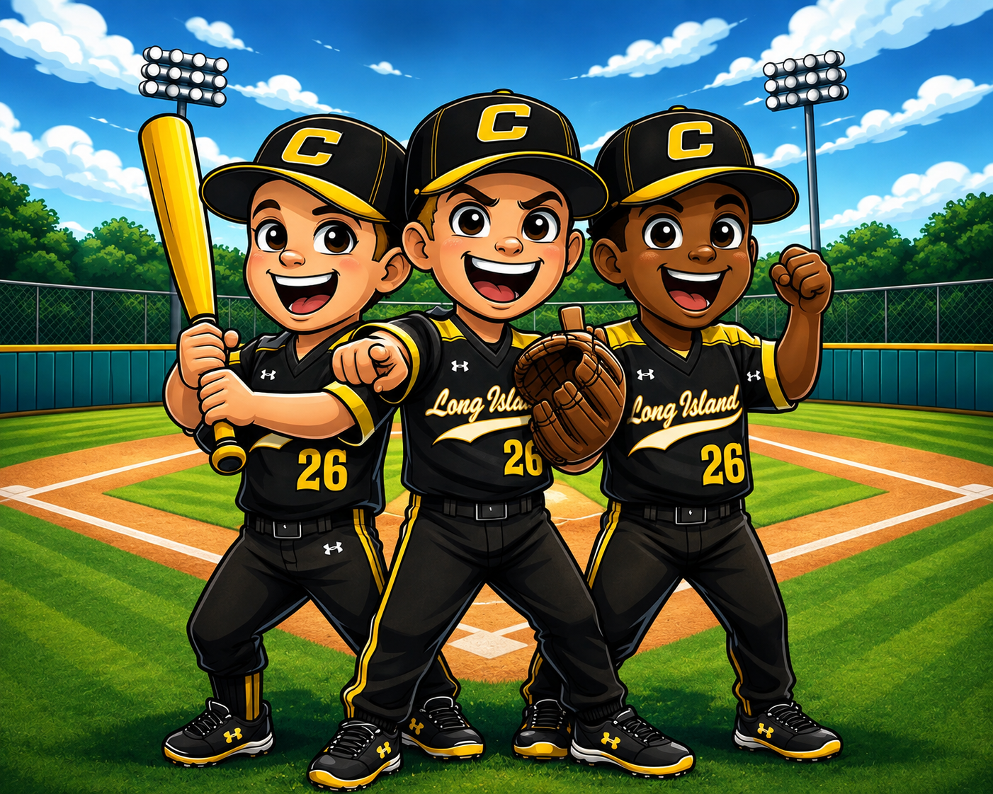 Illustration of three Canes Long Island youth players in black and gold uniforms on a baseball field