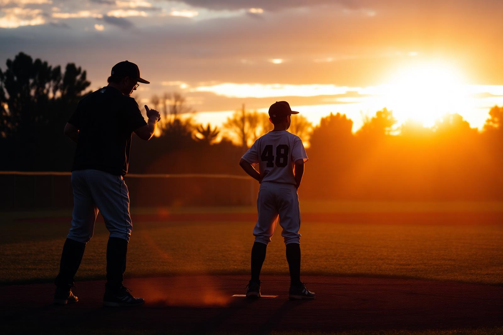 Coach instructing a young baseball player